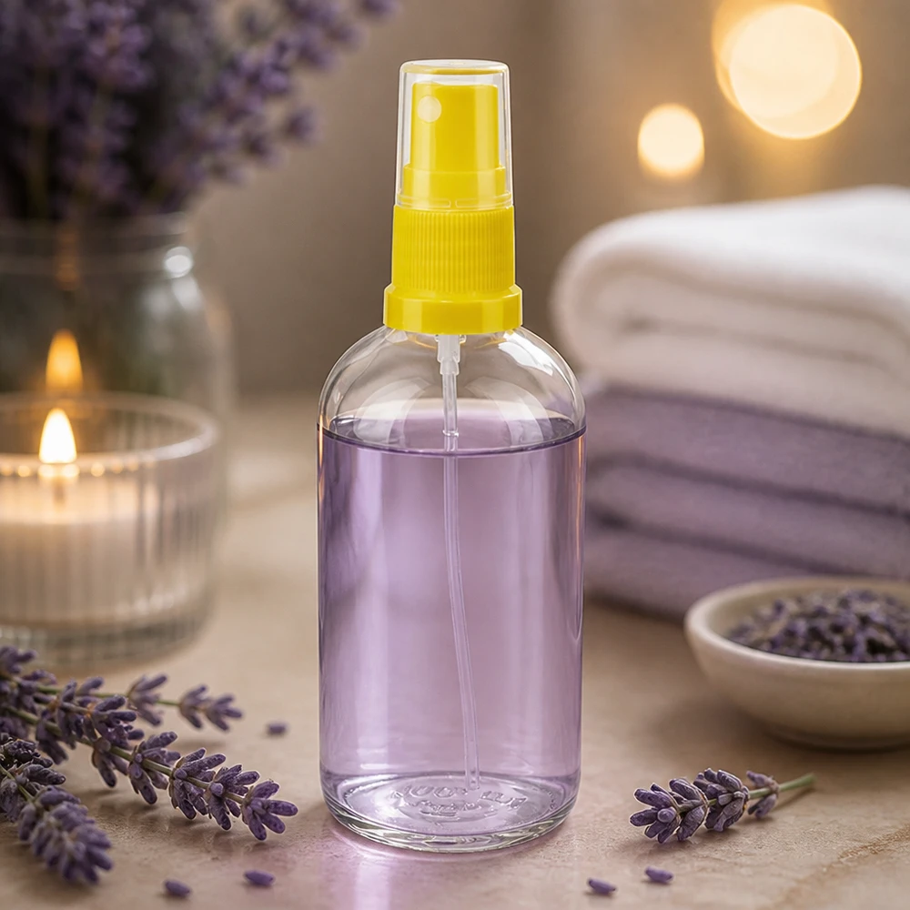 Lavendel verstuiver 100 ml, gele pompkop, doorzichtige fles, wellness, aromatherapie