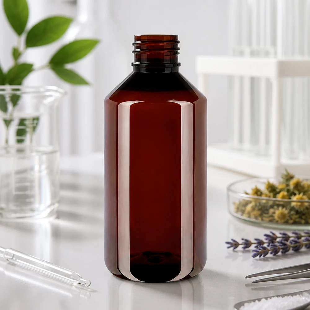 PET Flasche 1000ml mit weissem Standard OV Lichtbestendige PET-fles van 1 liter, bruin, met smalle hals, voor gevoelige natuurlijke producten