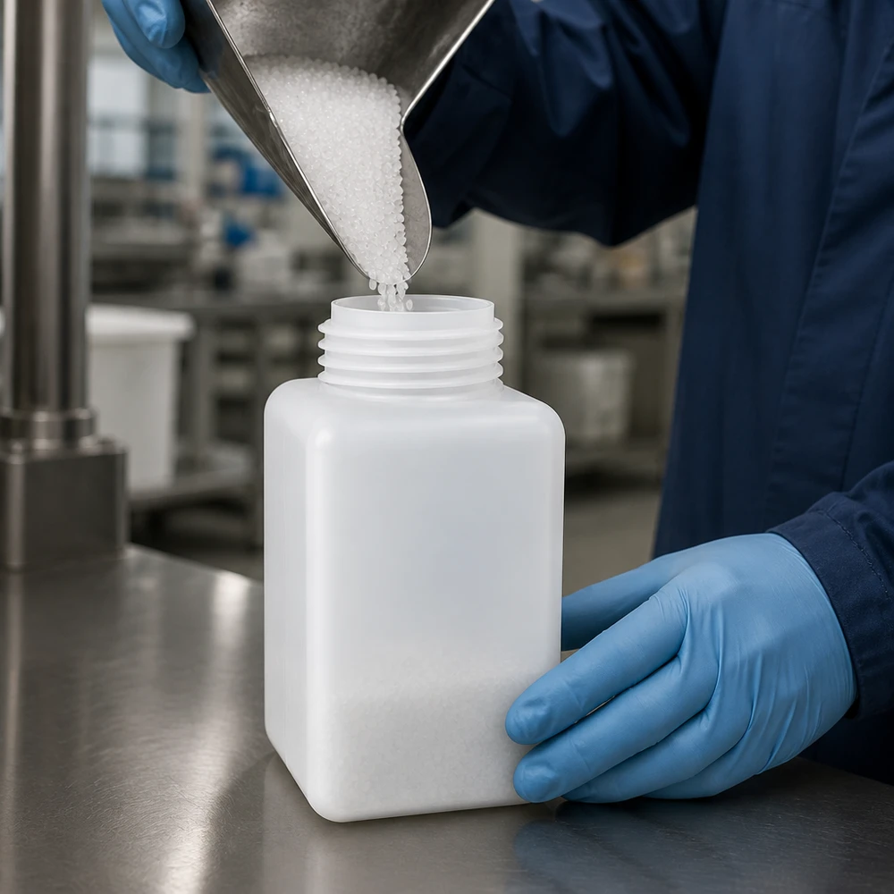 Chemicaliënfles 1000 ml, nauwe hals, incl. sluiting GL 32 Het vullen van een PE-HD-fles met smalle hals van 1000 ml met witte korrels door een laboratoriumtechnicus met blauwe handschoenen aan