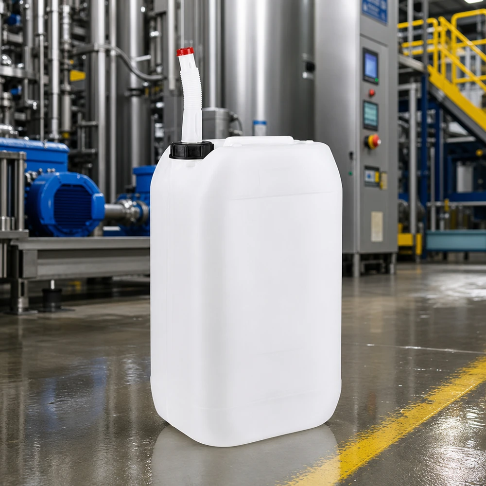 15l Jerrycan, UN-toelating, met aftapkraan flex Stapelbare kunststofbak van 15 liter met uitloopbuis voor chemicaliën en vloeistoffen