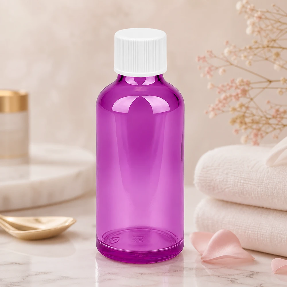 Veelzijdige 50ml glazen fles in paars met witte dop voor cosmeticaproductie en doe-het-zelf