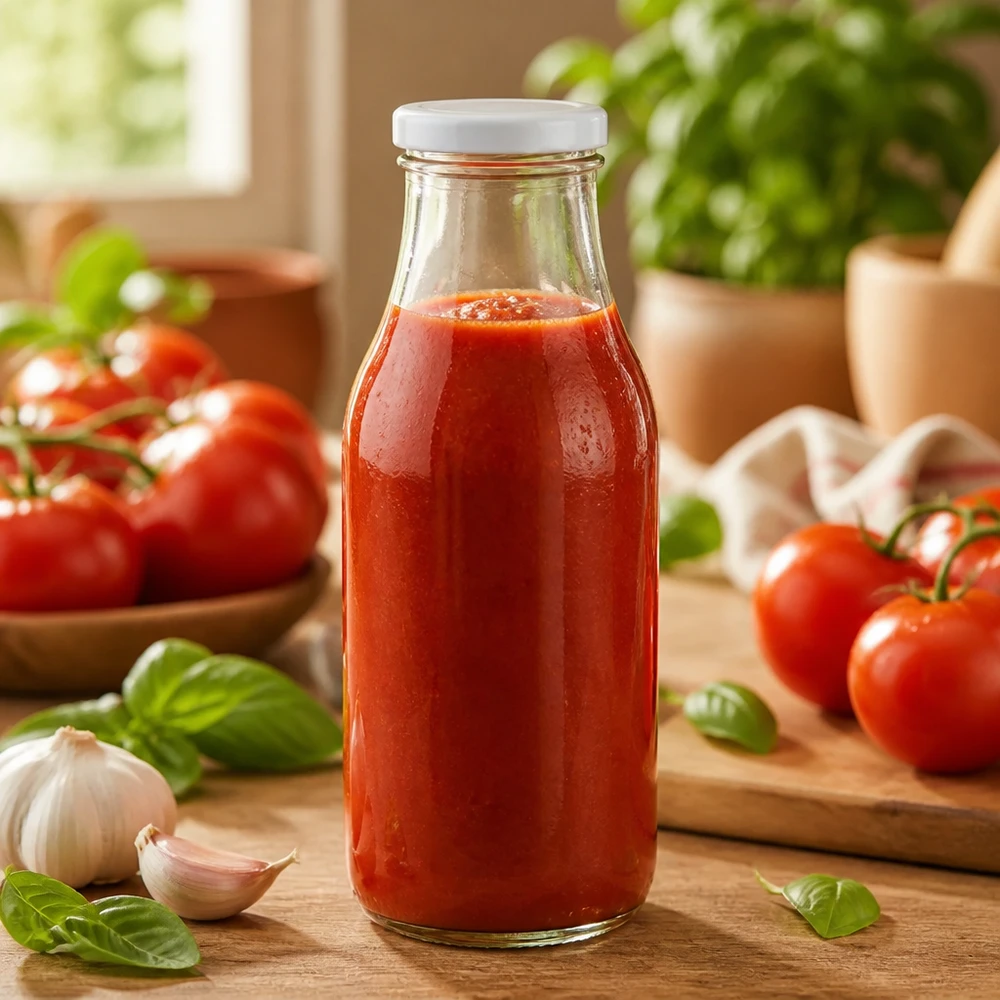Glazen fles van 330 ml + BasicSeal-deksel, wit, UNiTWIST Glazen fles UNiTWIST 330 ml met witte BasicSeal-dop, perfect voor tomatensaus