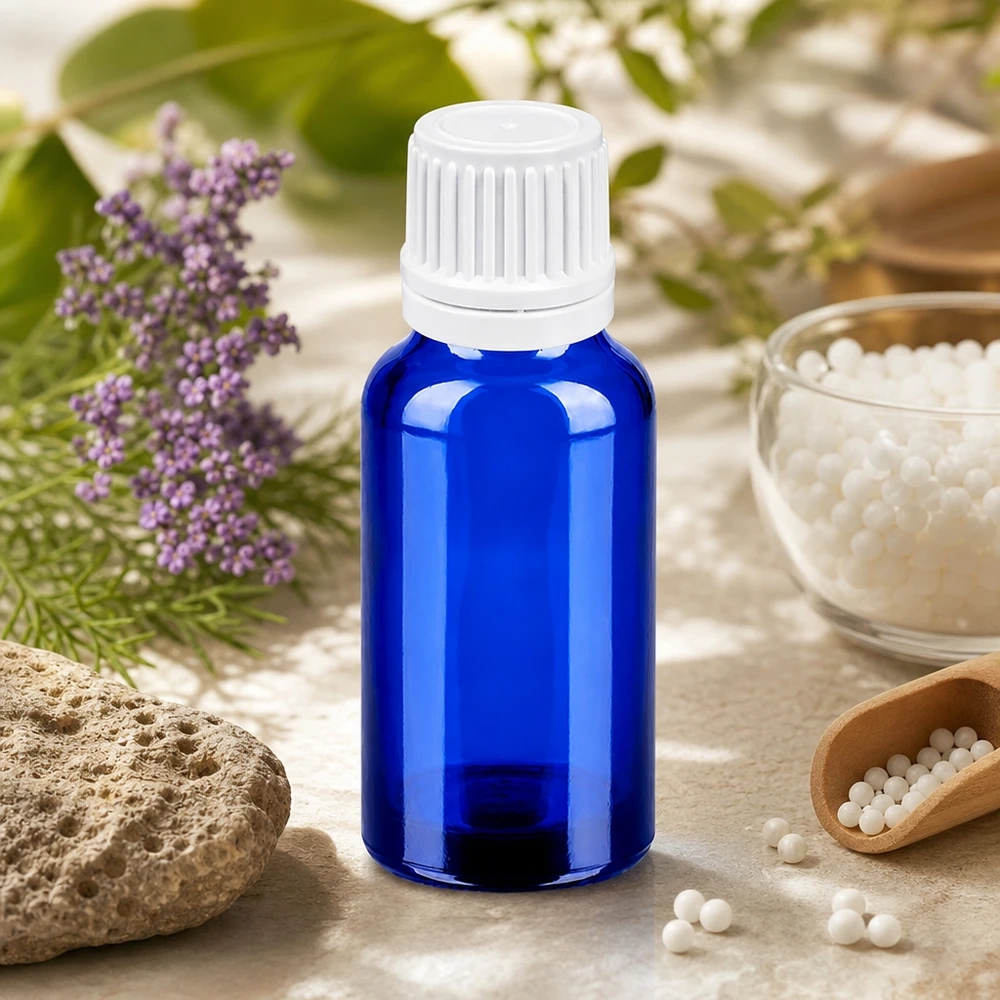 Hoogwaardige blauwe glazen fles 20ml met witte schroefdop voor natuurlijke remedies