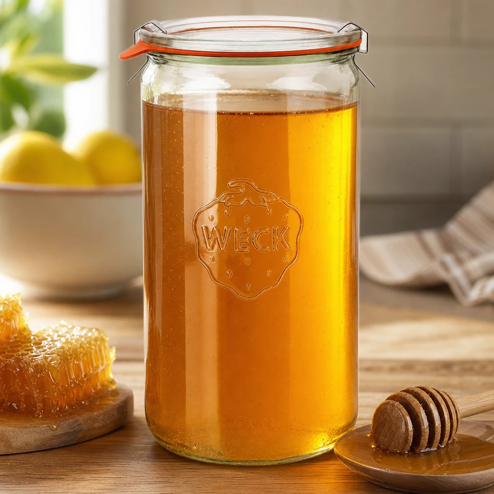 WECK cilinderpot 1590ml RR100 gevuld met honing draaidop oranje rubberen ring houten honinglepel honingraat