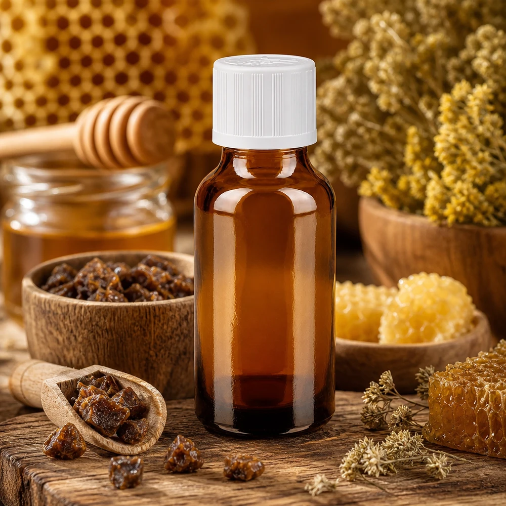 Bruin apothekersflesje van 20 ml met UV-bescherming en een witte veiligheidsdop voor preparaten op basis van bijenproducten