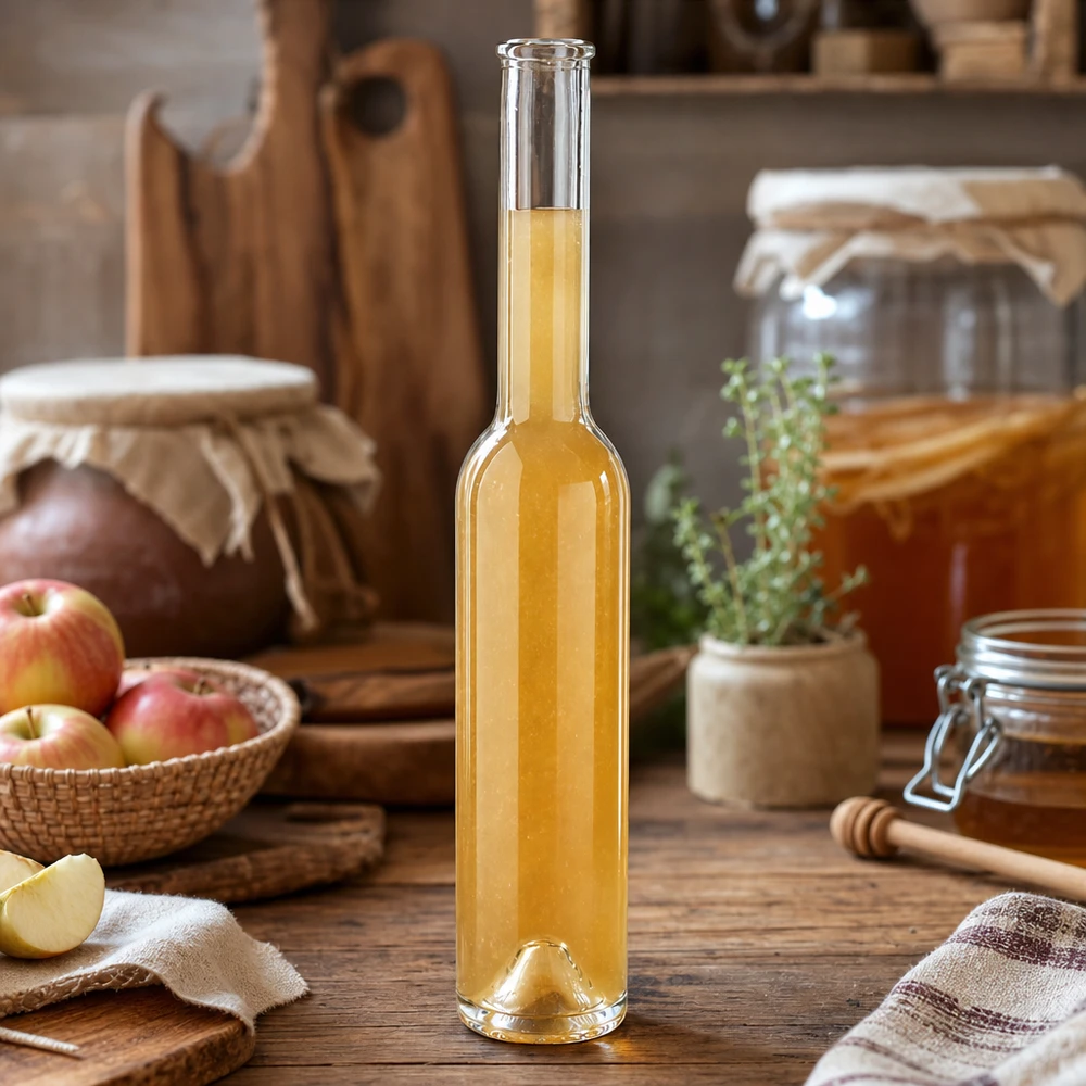 200 ml glazen fles Hugo gevuld met appellikeur naast verse appels honing kruiden rustieke keuken houten sfeer