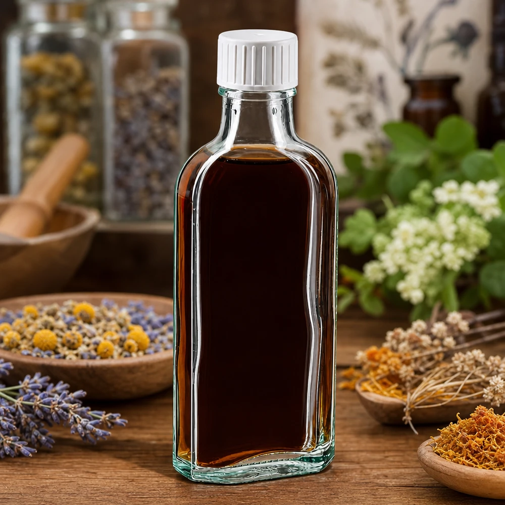 Kleine Meplat-glazen flesje van 100 ml met schenkrand voor etherische oliën en plantenextracten