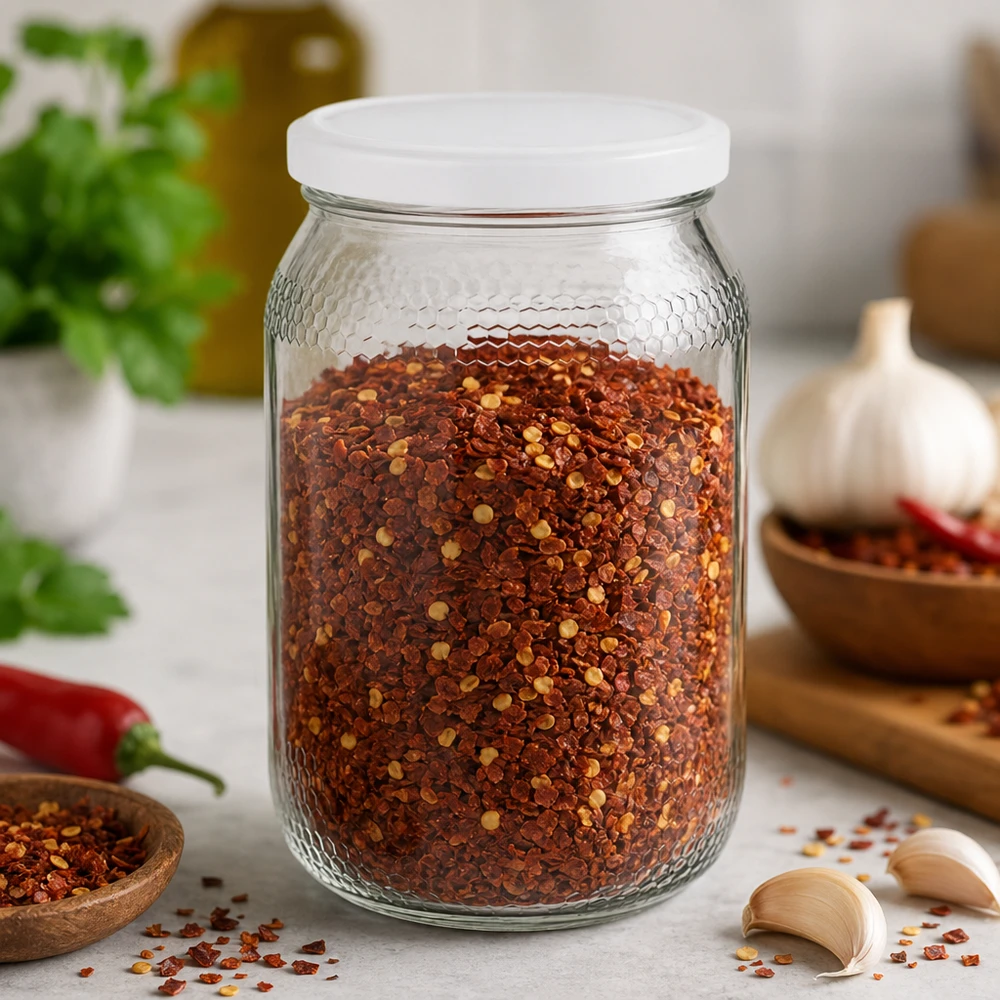 Honingpot 900ml gevuld met chilivlokken toont veelzijdig gebruik voor specerijen en voedsel BasicSeal deksel