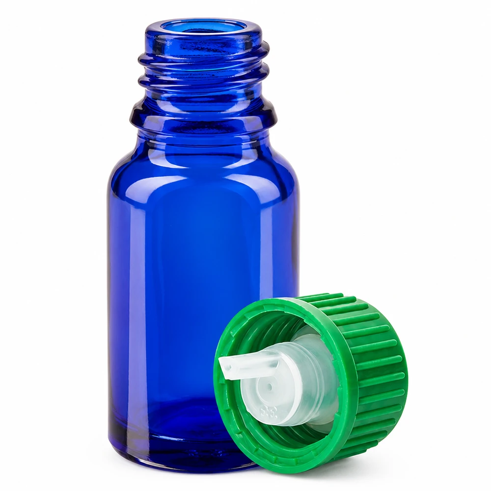 10ml druppelfles BlueLine serie met gestandaardiseerd UT18/10 schroefdraad blauwgroen