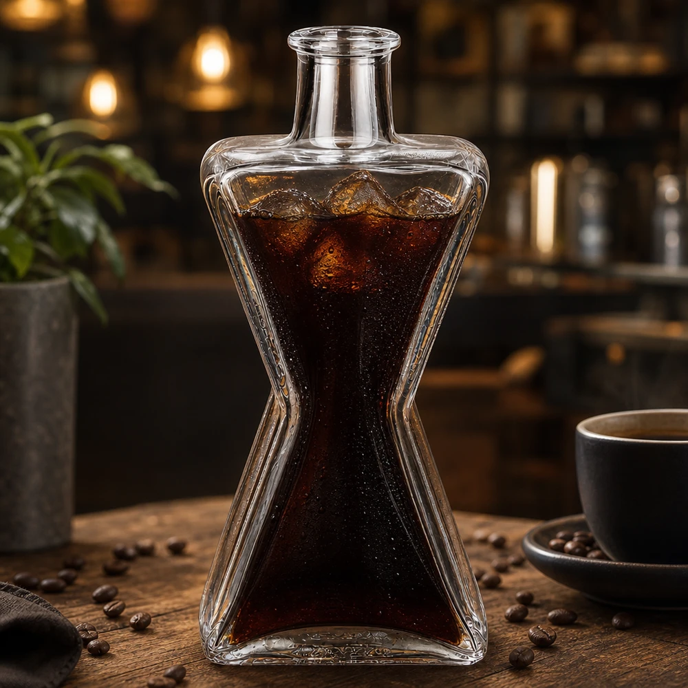 200 ml glazen fles 200ml Glasflasche "Star" ohne Verschluss UNiTWIST zonder sluiting UNiTWIST® Glazen fles met ster 200ml gevuld met cold brew koffie naast koffiebonen en kopje op een houten tafel in een café sfeer