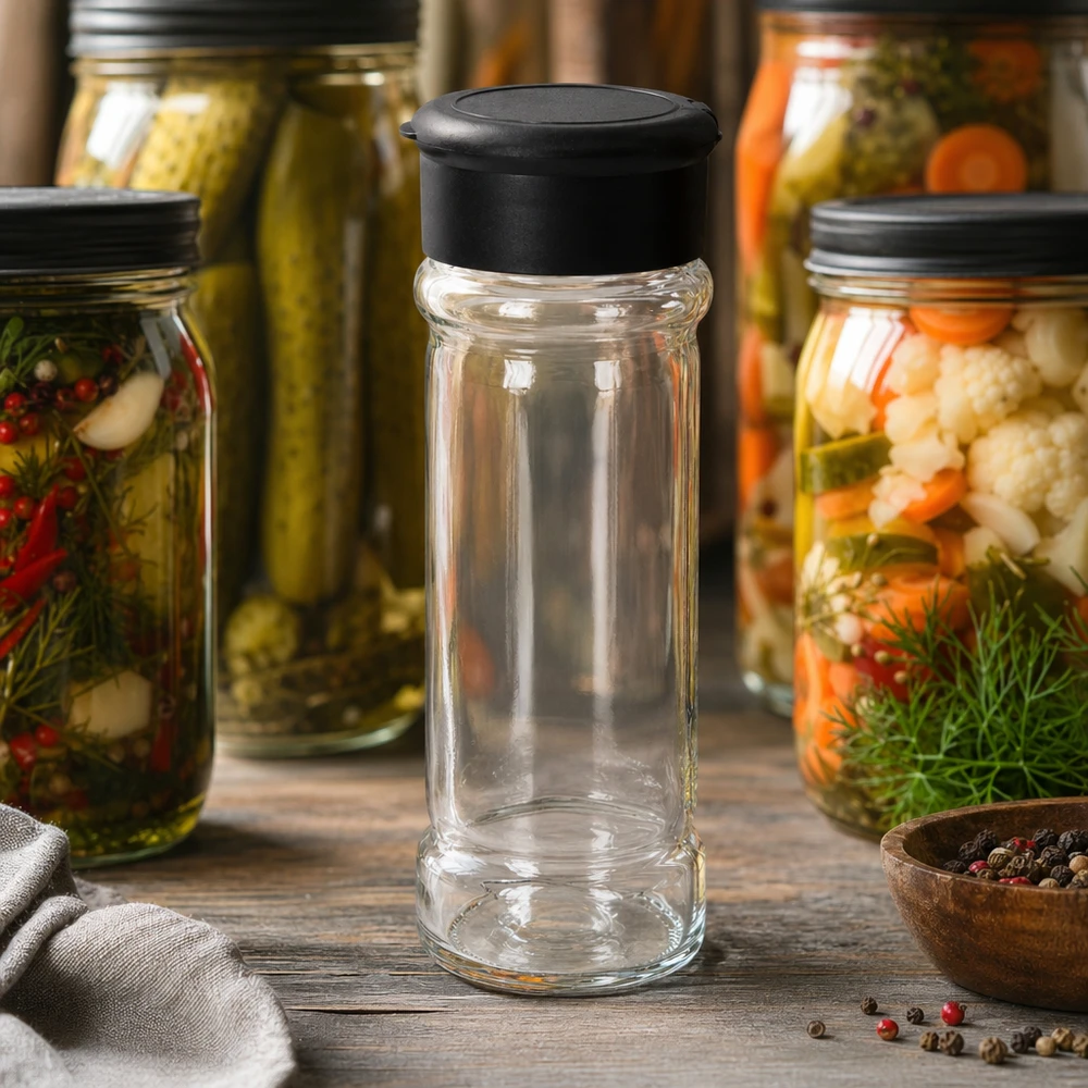 Leeg strooiglas van 100 ml met een zwarte deksel, als rustieke keukendecoratie