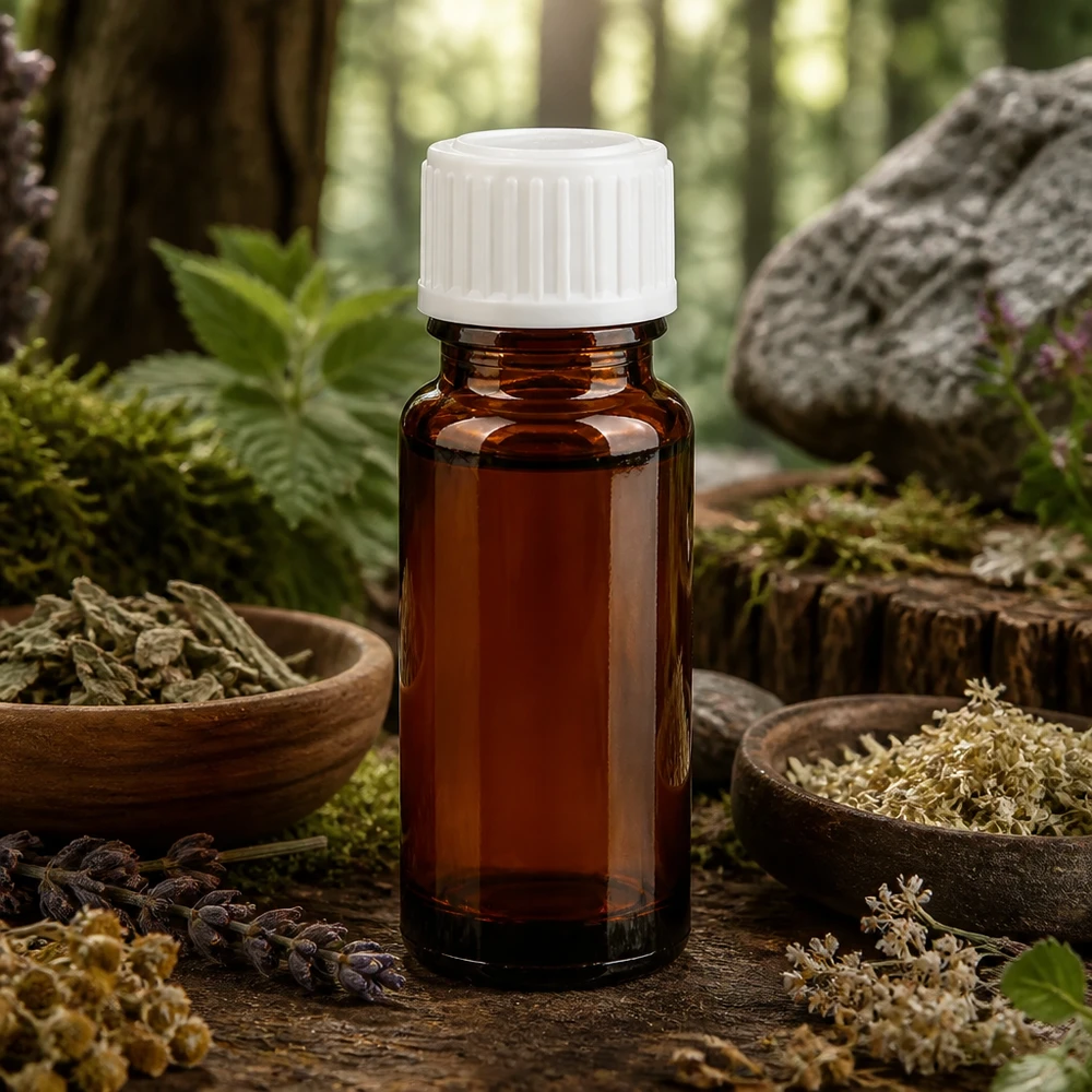 Bruin flesje van 10 ml, STD wit, tegen een bosachtergrond met lavendel, duizendblad en boskruiden