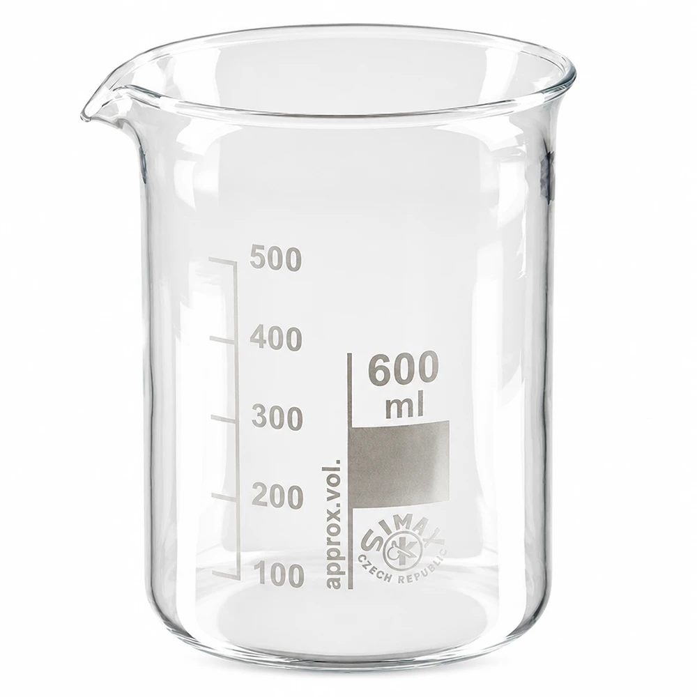 Beker 600ml van borosilicaatglas met lage vorm en schenktuit voor laboratorium en keuken