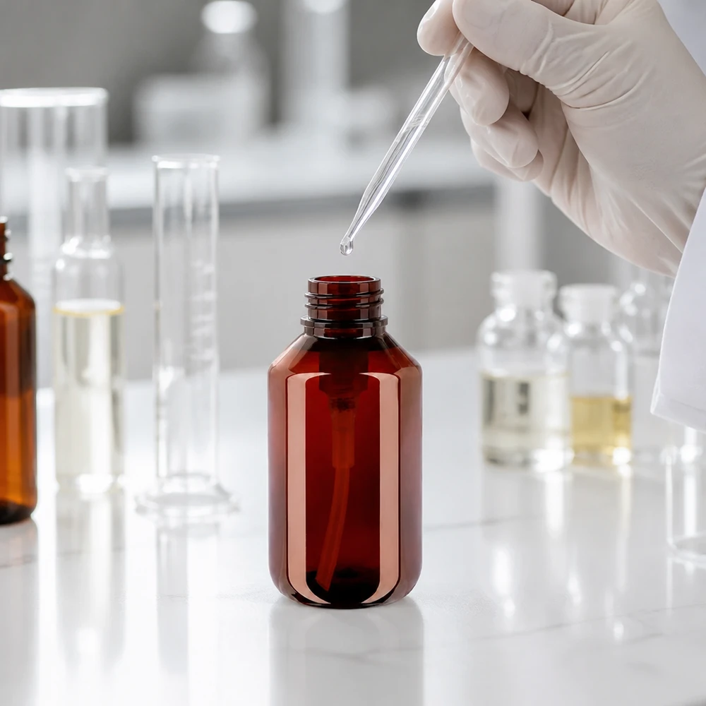 100 ml PET medicijnfles met wit dispenserpomp, standaard Handgeschützte Befüllung einer 100ml PET Flasche bernsteinfarben mit Dispenserpumpe weiss