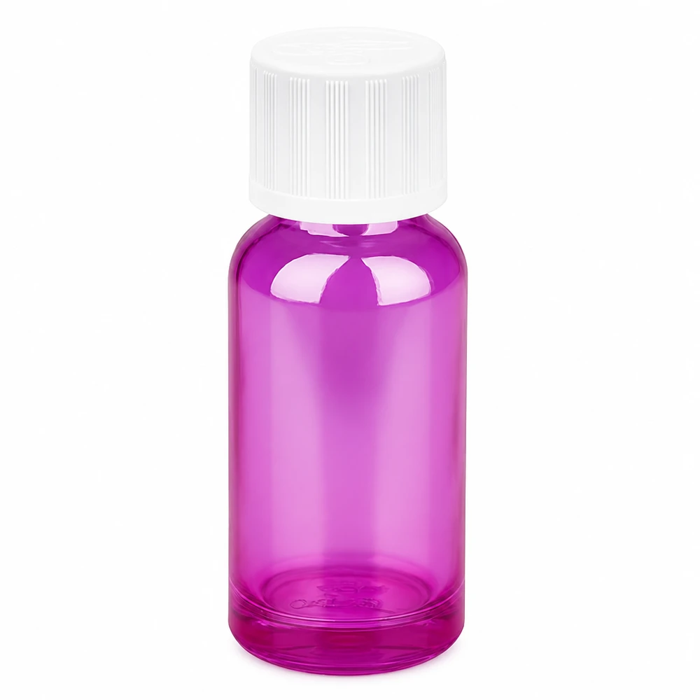 Ronde glazen fles van 20 ml met ergonomisch ontwerp en stevige dop in paars