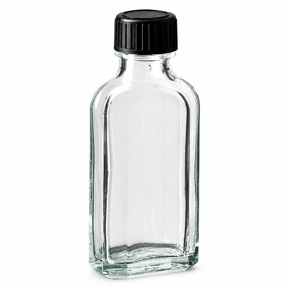 50 ml witte meplatfles met DIN 22 monding, inclusief schroefsluiting DIN 22 zwart van EPE Meplat-flesje van 50 ml van helder glas met zwarte schroefdop, ideaal voor oliën en essences