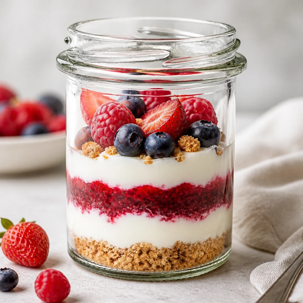 Runda-glas van 214 ml met lagen bessen-cheesecake, perfect voor portiegerechten