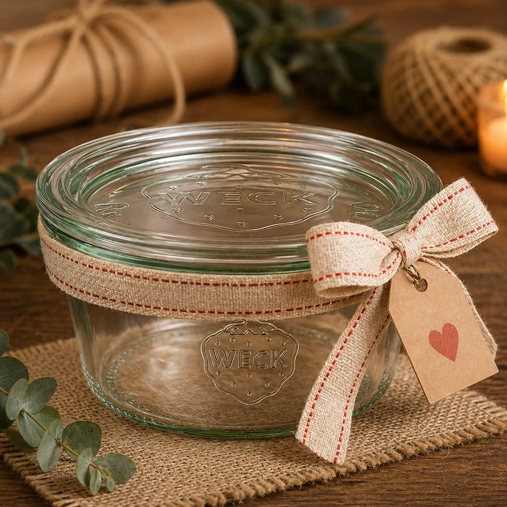 WECK beker 290ml RR100 als cadeau-idee met lint en hartenhanger in een rustieke sfeer