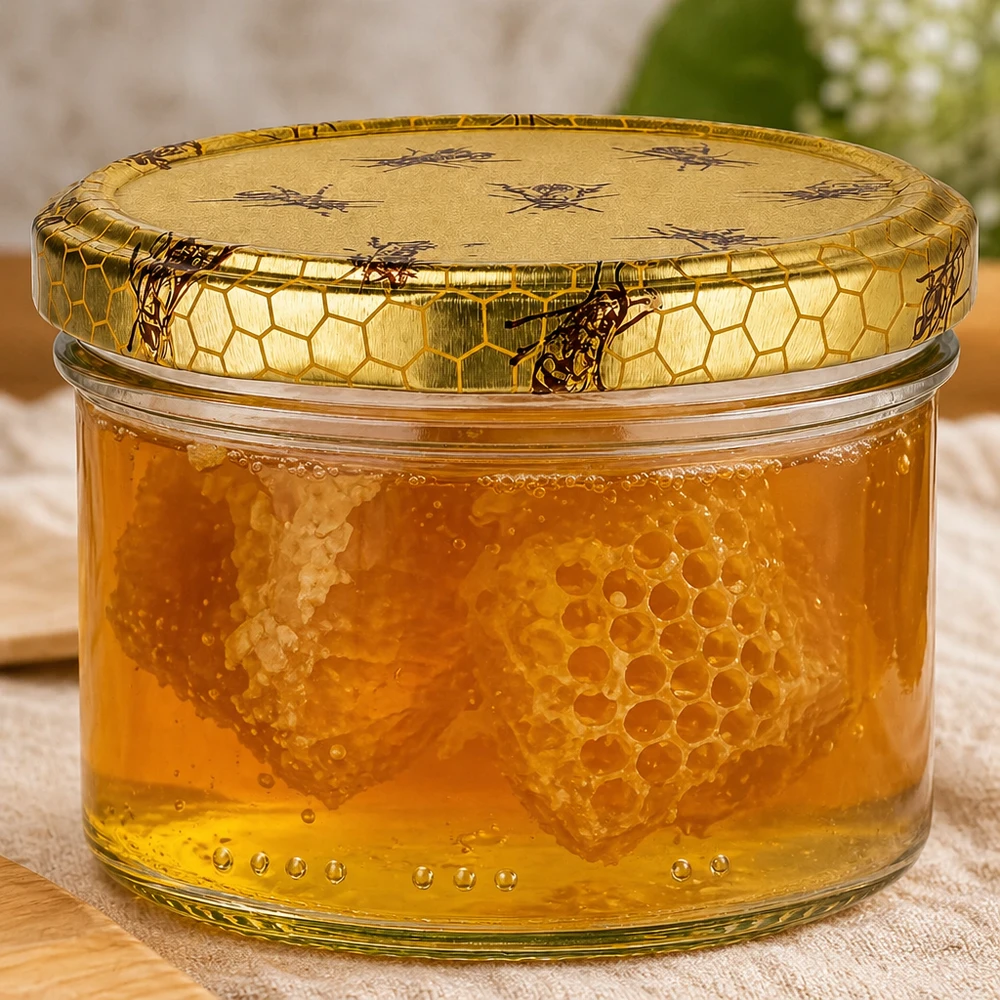 300g honingpot gevuld met gouden honingraat in honing, decoratieve dop met bijenpatroon