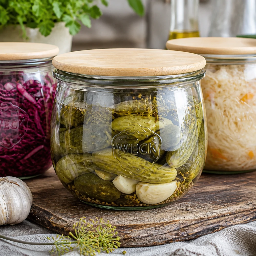 580ml tulpenglas WECK RR100 met hout deksel WECK Tulpenglas 580ml RR100 mit Holzdeckel für eingelegte Gurken und Gemüse - stilvolle Einmachgläser-Serie
