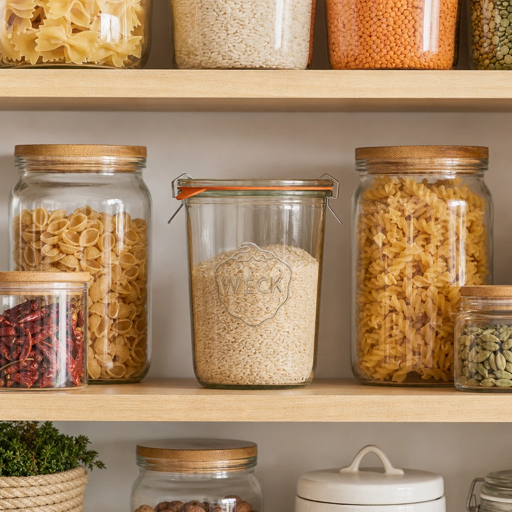 WECK 850ml RR100 trommels voor het stijlvol bewaren van rijst en pasta in de moderne voorraadkeuken