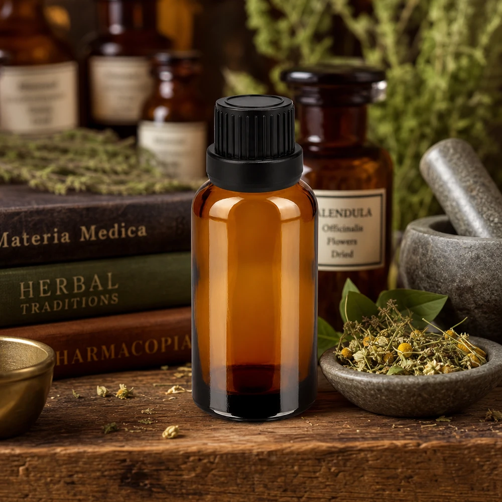 30ml amberkleurig glazen flesje met kindveilige zwarte druppeldop voor huishoudelijk gebruik