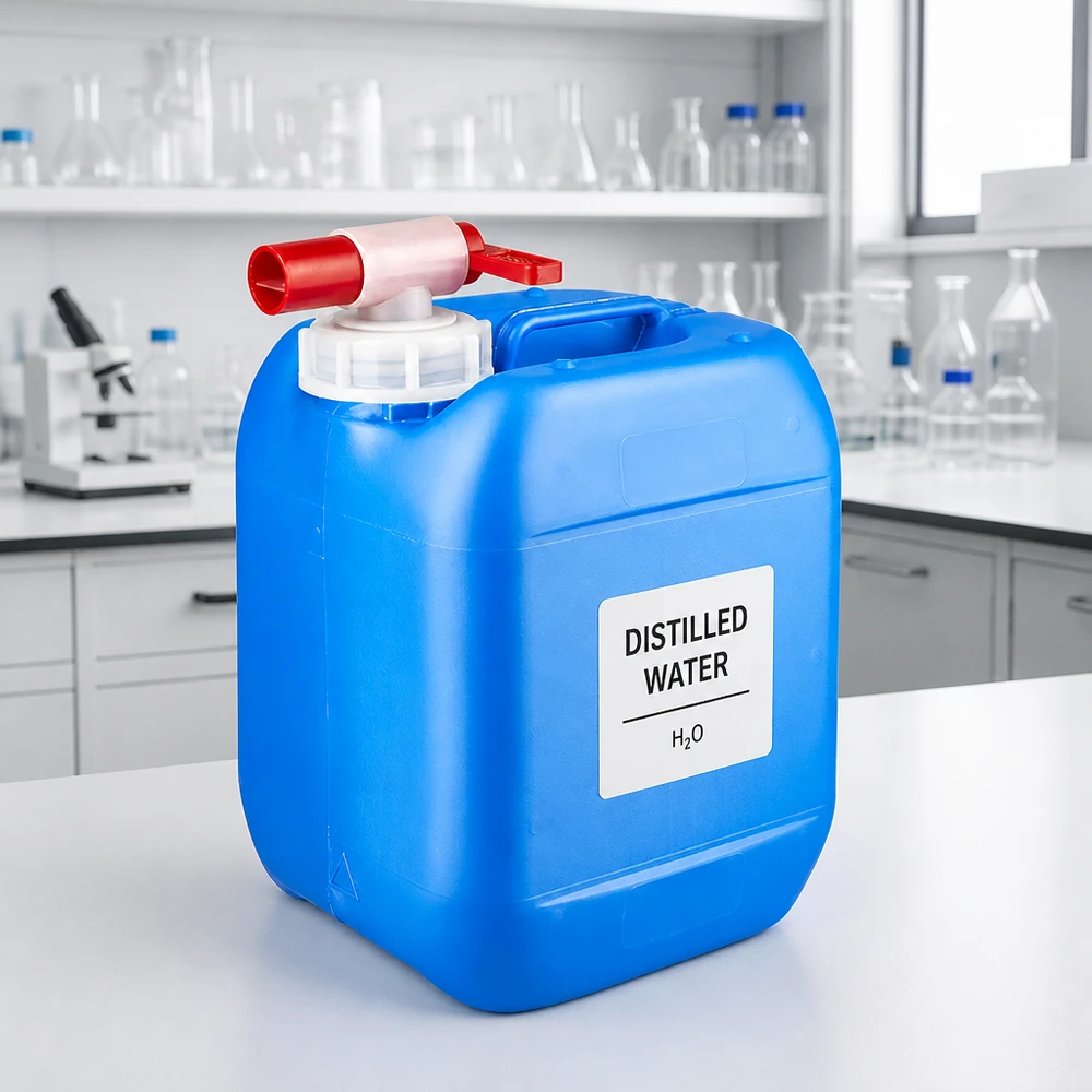 Canister 5 liter blauw met tapkraan Canister met de tekst ‘Gedestilleerd water’ en de formule H₂O op het etiket