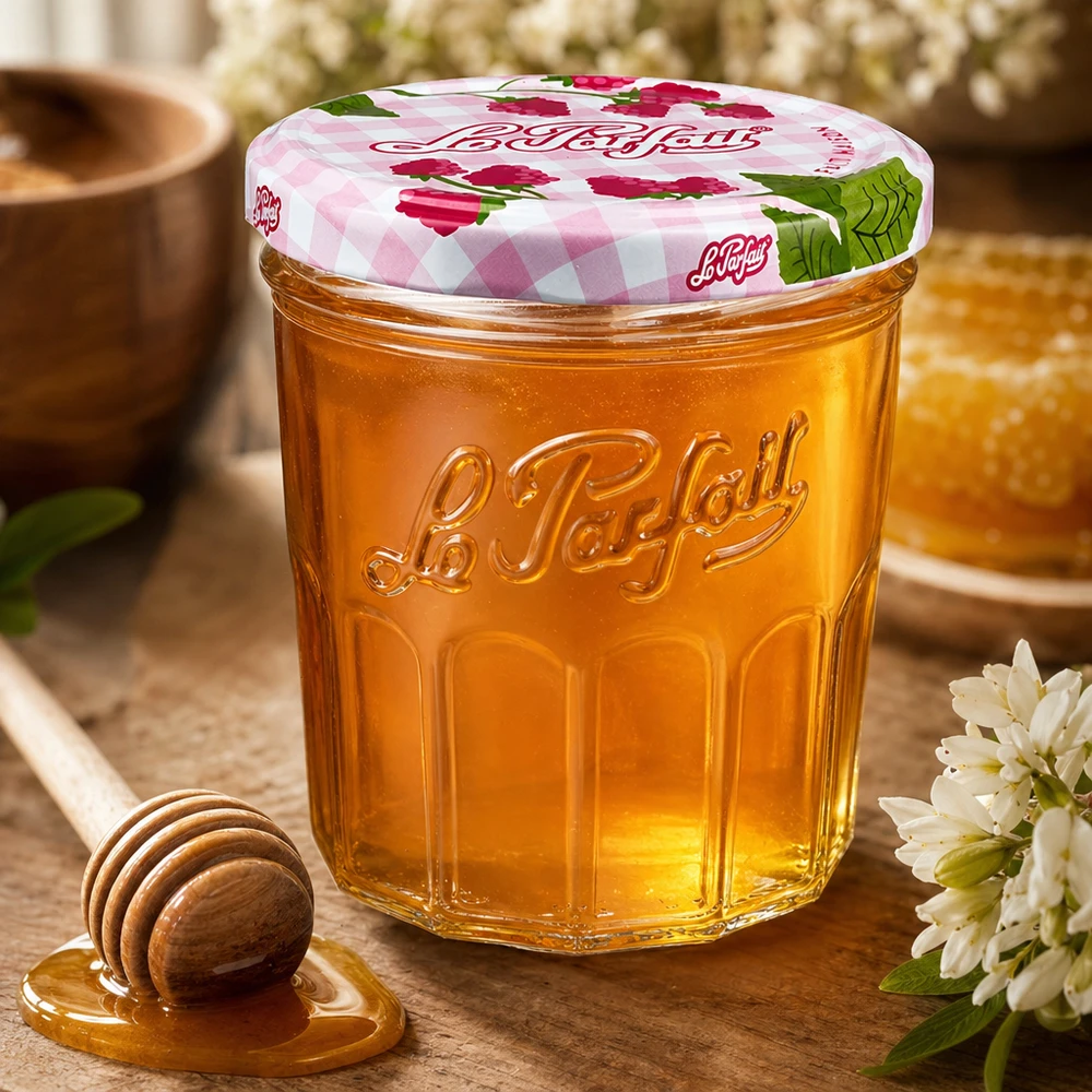 324ml Le Parfait pot gevuld met honing naast honinglepel en witte bloemen op houten tafel