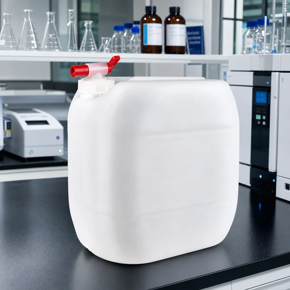 Stevige kunststof emmer van 30 liter met rode kraan, naast laboratoriumapparatuur en Erlenmeyer-kolven