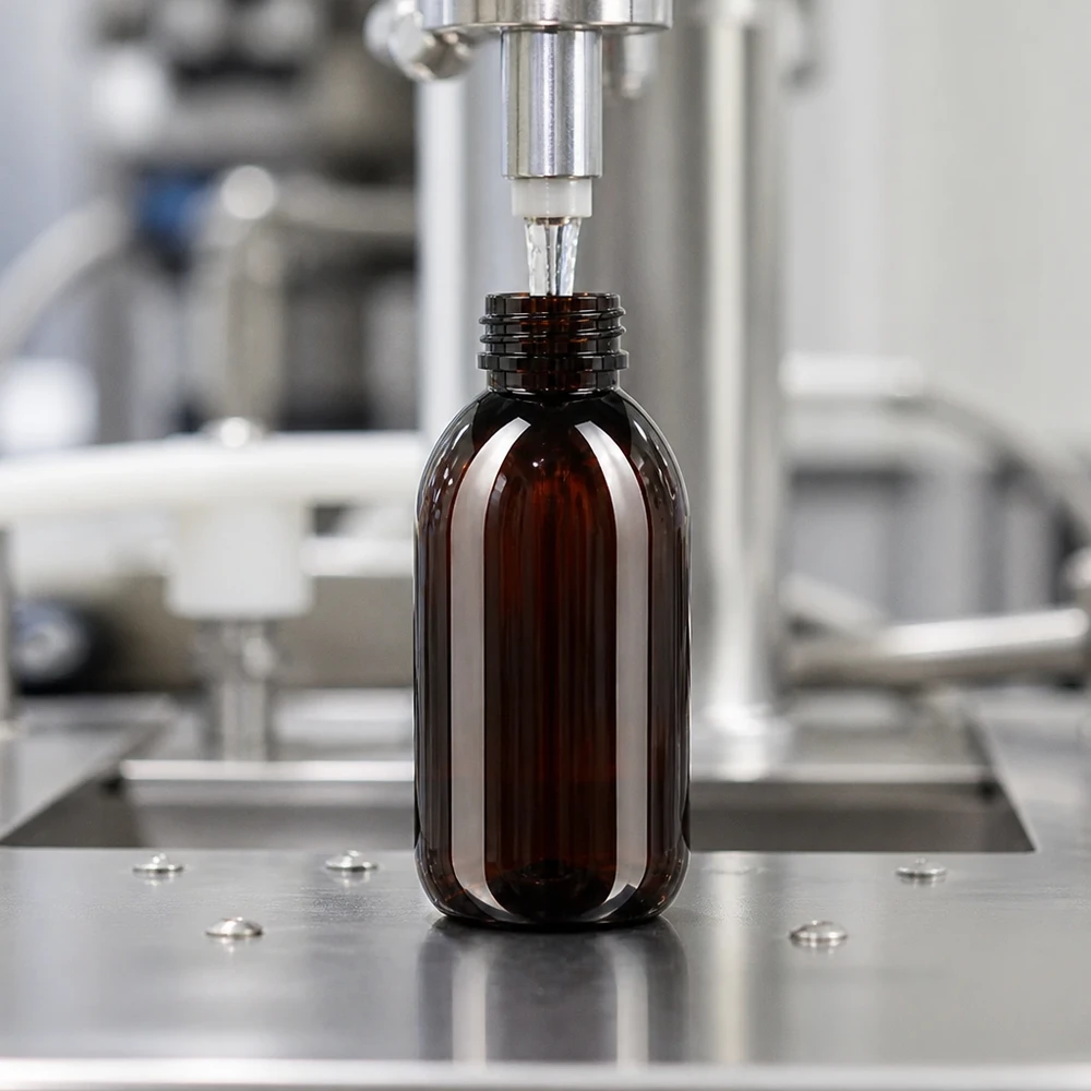 Bruine PET-fles met smalle hals van 250 ml met verzegeling in een moderne productiefaciliteit