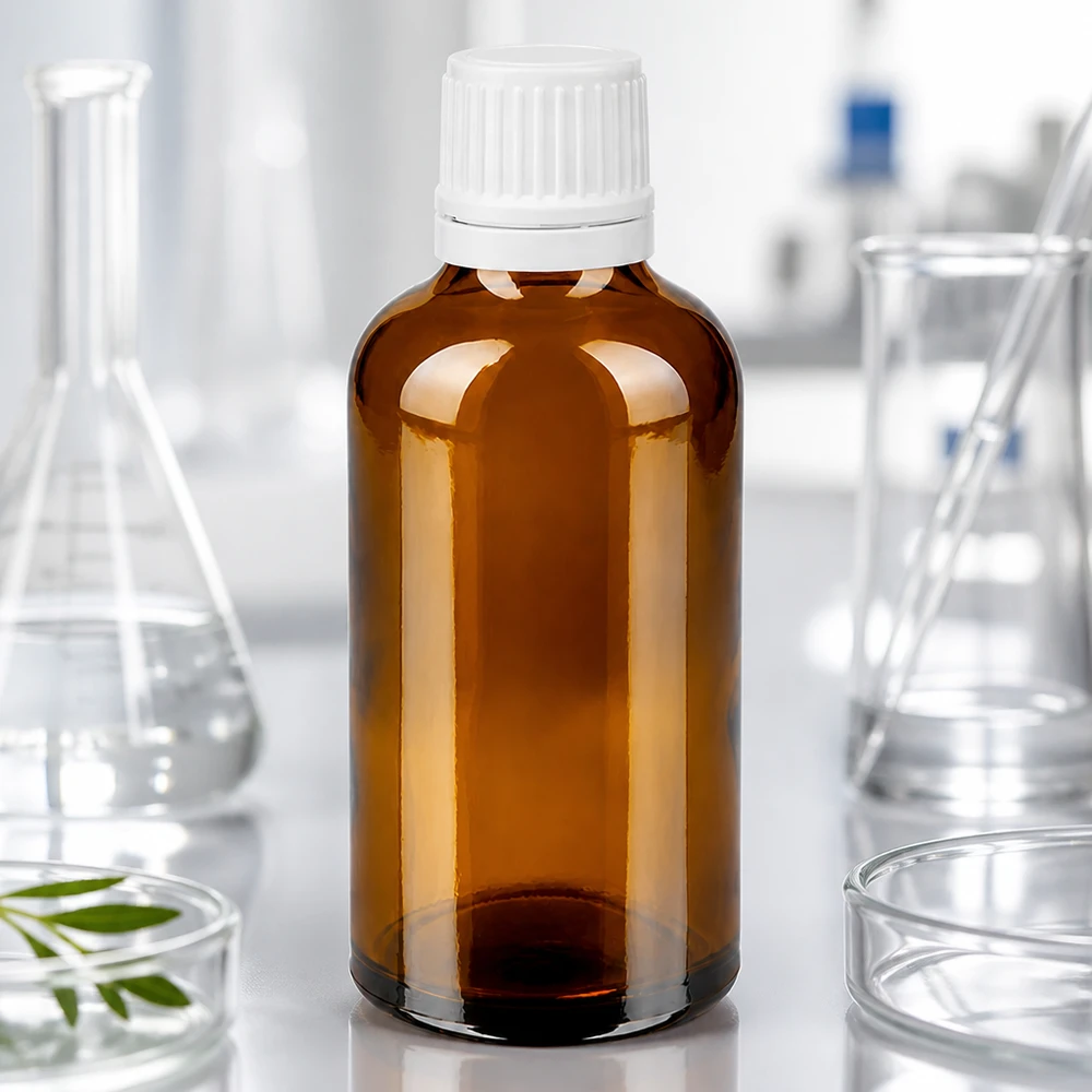 Bruine glazen fles 50ml met wit schroefsluiting VR Kleine bruine glazen fles van 50 ml met een dop van 11 mm, UV-bescherming, bewaarcontainer voor natuurlijke extracten