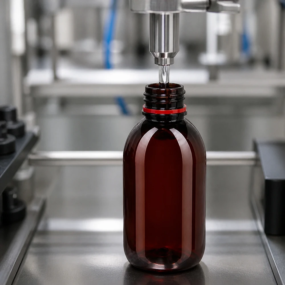 Lichtbeschermende PET-fles van 250 ml met rode originaliteitssluiting, afgevuld met een industriële afvulnaald