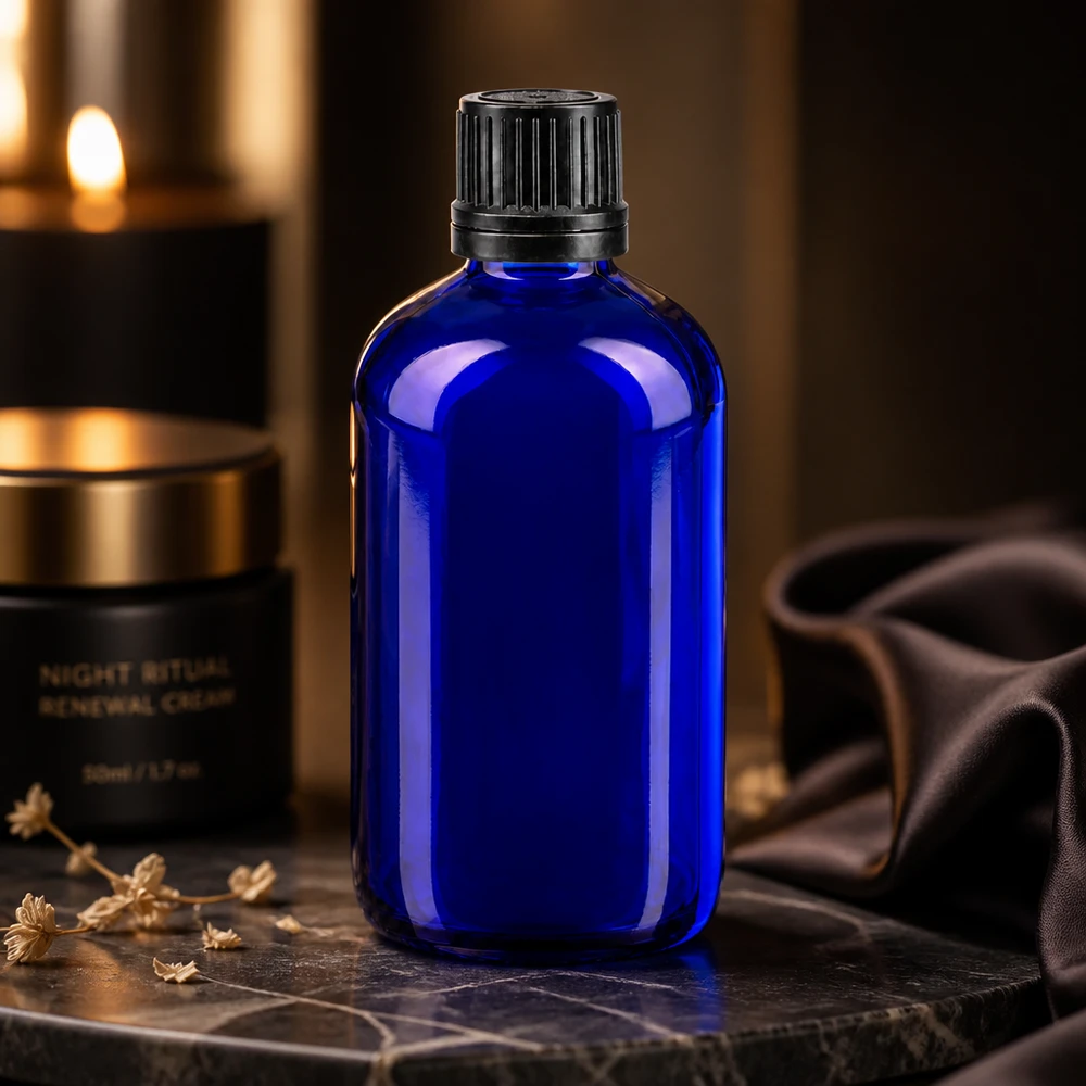 Apothekersfles van 100 ml, blauw glas, lichtdicht, met zwarte kindveilige sluiting van 8 mm