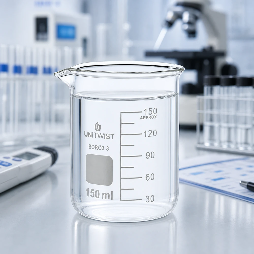 Beker 150ml borosilicaat, lage vorm UNiTwist Transparant laboratoriumglas UNiTwist 150 ml, borosilicaat 3.3, laag model met witte laboratoriumtafel