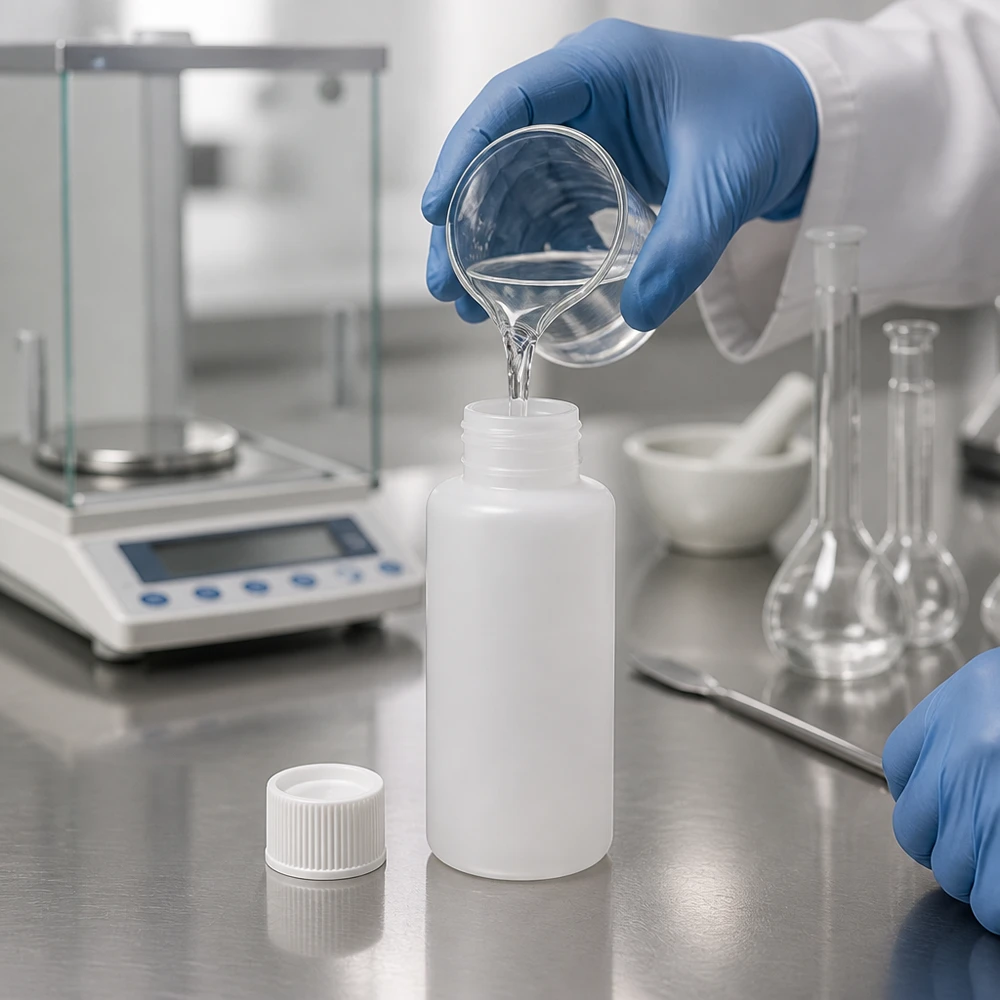 Cilindrische witte apothekersfles van 30 ml naast een analyseschaal en een Erlenmeyer-kolf in het laboratorium