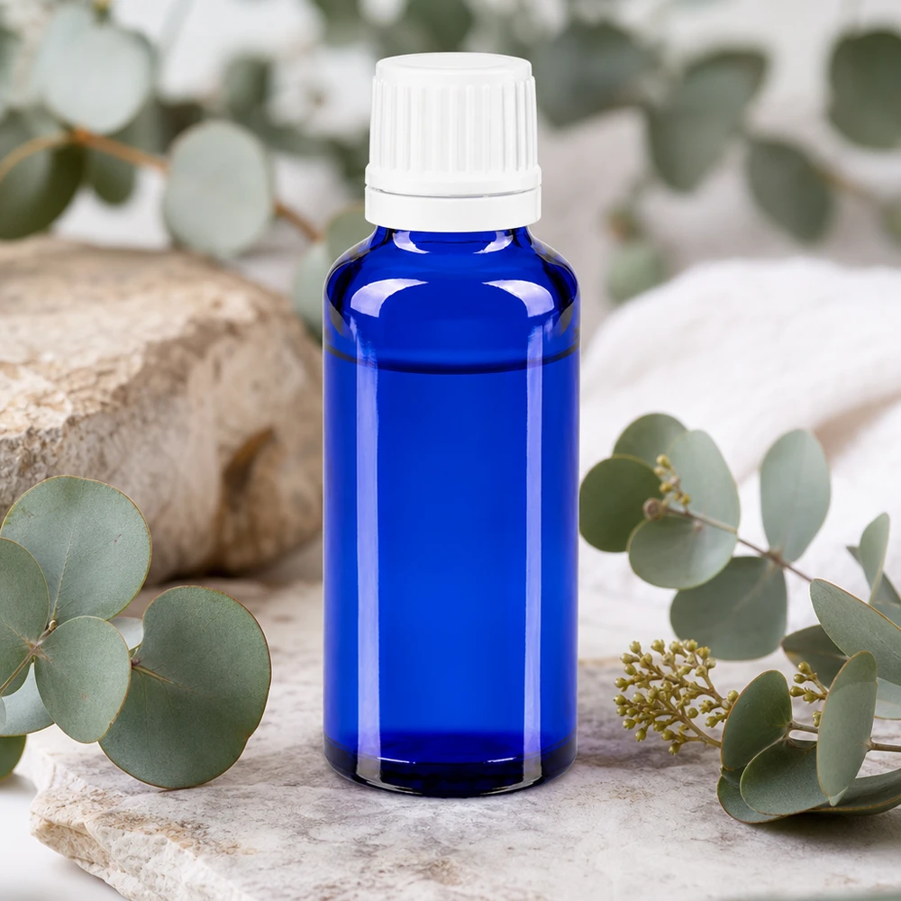 Flesje van 30 ml van blauw glas met een witte schroefdop en druppelaar voor medische toepassingen
