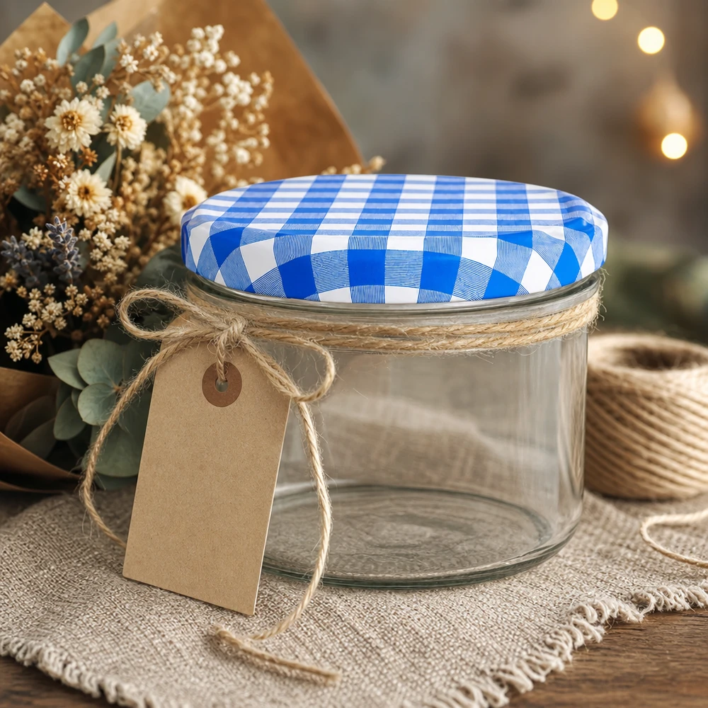230ml cilindrische pot met BasicSeal deksel blauw UNiTWIST 230 ml lege cilinderpot met BasicSeal deksel blauw en wit geblokt, decoratief gerangschikt met jute koord en hanger