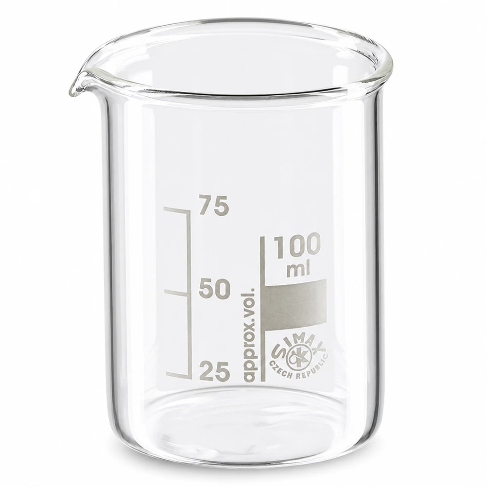 Beker 100ml van hoogwaardig borosilicaatglas met tuit en schaalverdeling in lage vorm