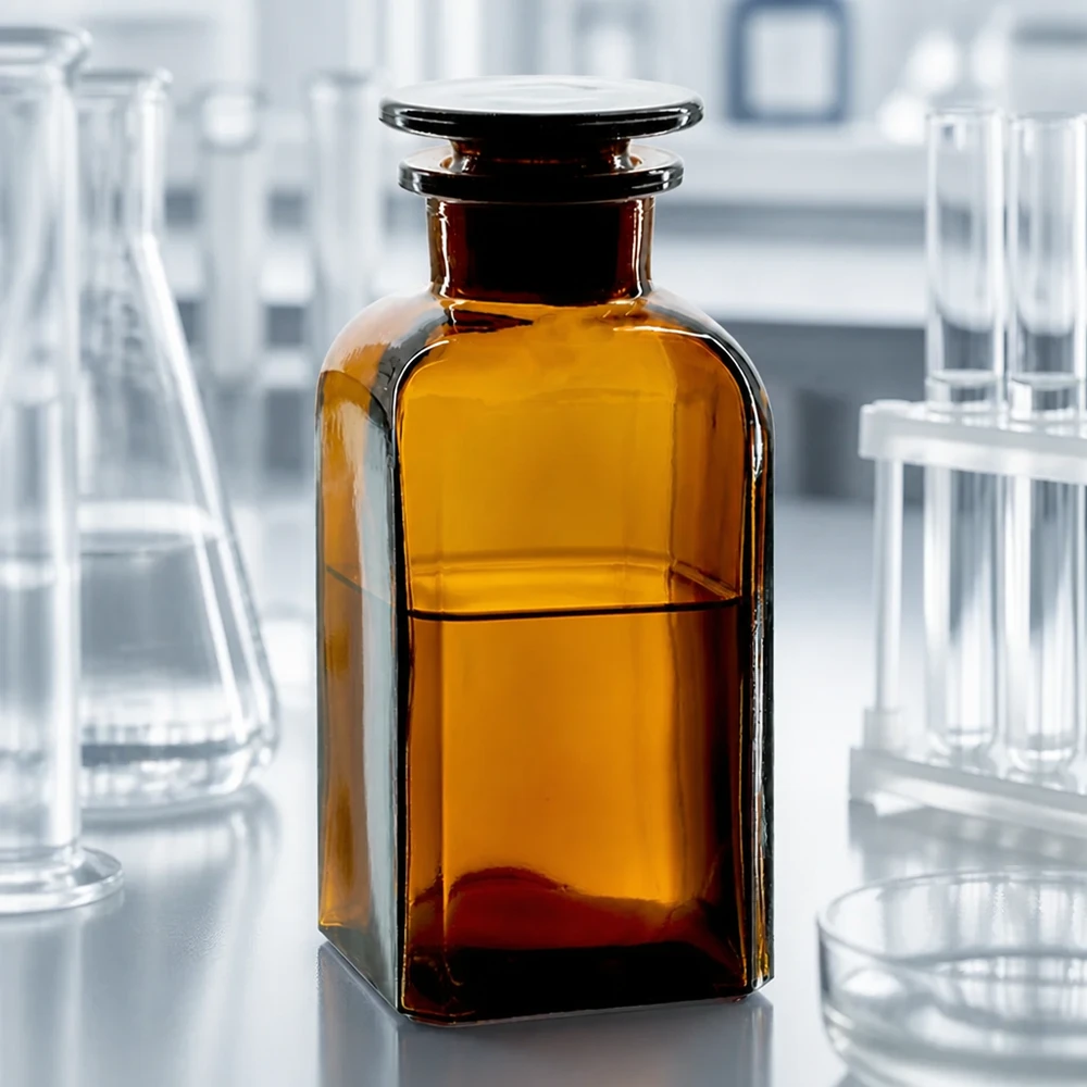Klassieke apothekersfles, vierkant, 350 ml, bruingele glas, brede hals met ronde glazen stop, laboratorium