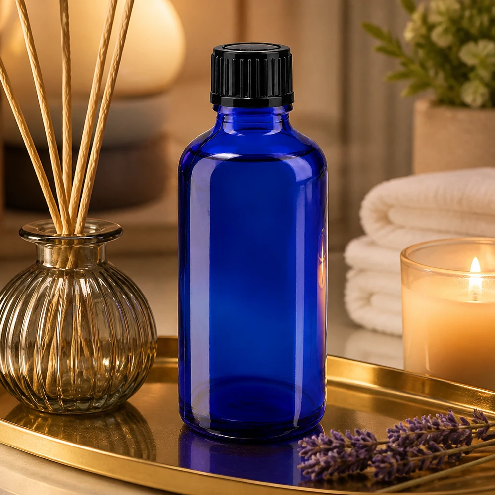 Lichtbestendige glazen fles van 50 ml in blauw met zwarte standaarddop voor etherische oliën