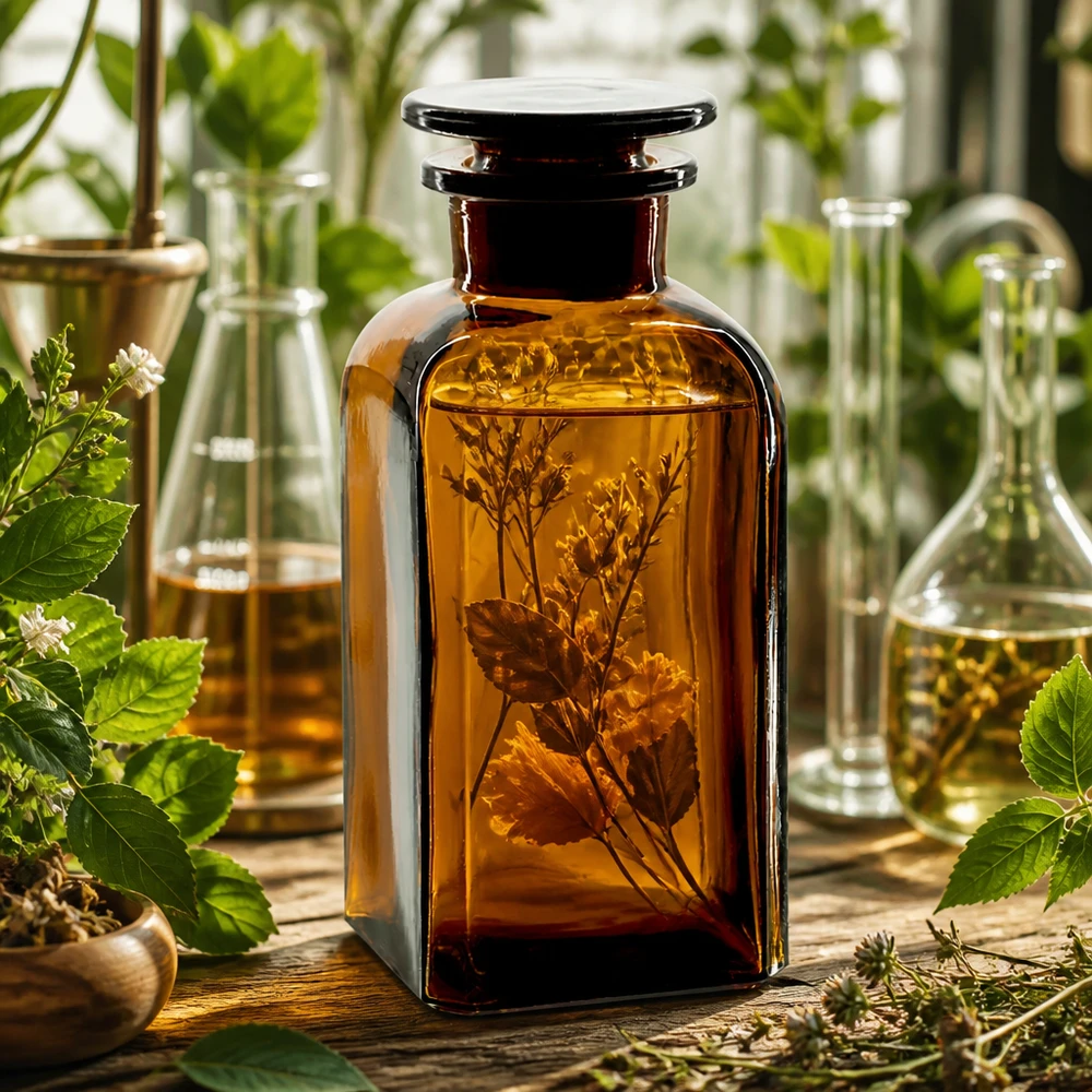 Vierkant-apothekersfles 350 ml wijde hals bruin glas incl. glazen stop Klassieke vierkante fles met wijde hals, 350 ml, UV-bescherming, bruin glas met glazen stop, natuurgeneeskunde