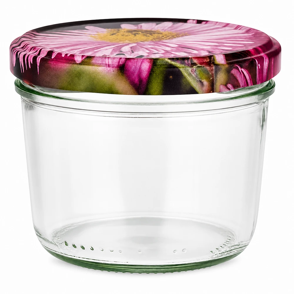 230ml mason jar met BasicSeal deksel in bloemmotief, lege mason jar met roze bloemmotief op witte achtergrond