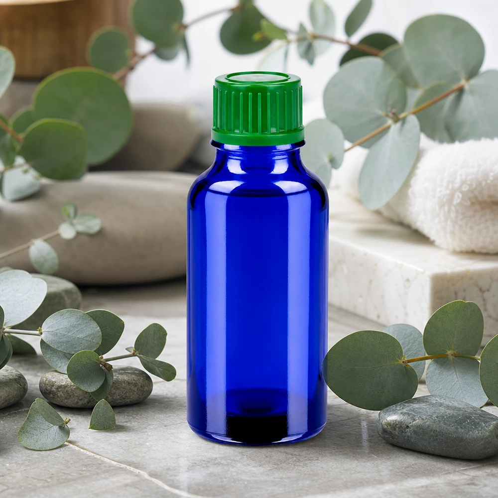 Elegant blauw designflesje van 20 ml met ergonomische groene schroefdop voor laboratoriumgebruik