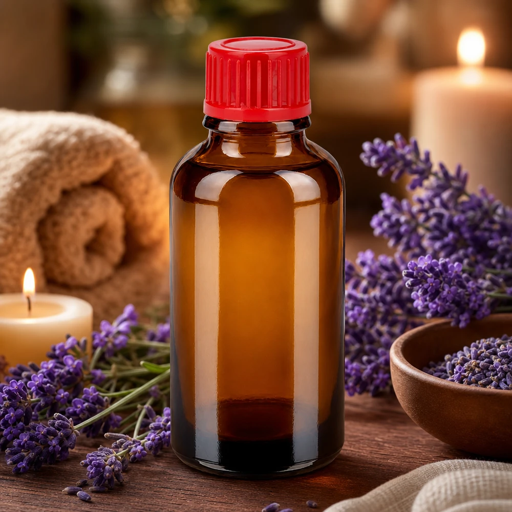 Robuuste amberkleurige glazen fles 30ml met gekleurde dop beschermt de inhoud tegen blootstelling aan licht