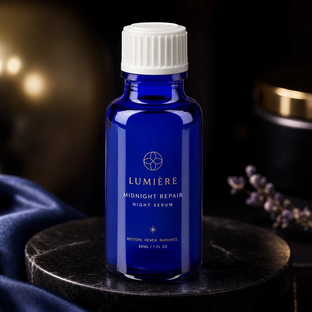 Blauwe glazen flessen 20ml met wit schroefsluiting globuli uitgietring St Hoogwaardig glazen flesje van 20 ml in kobaltblauw met een witte dop op een marmeren voetstuk