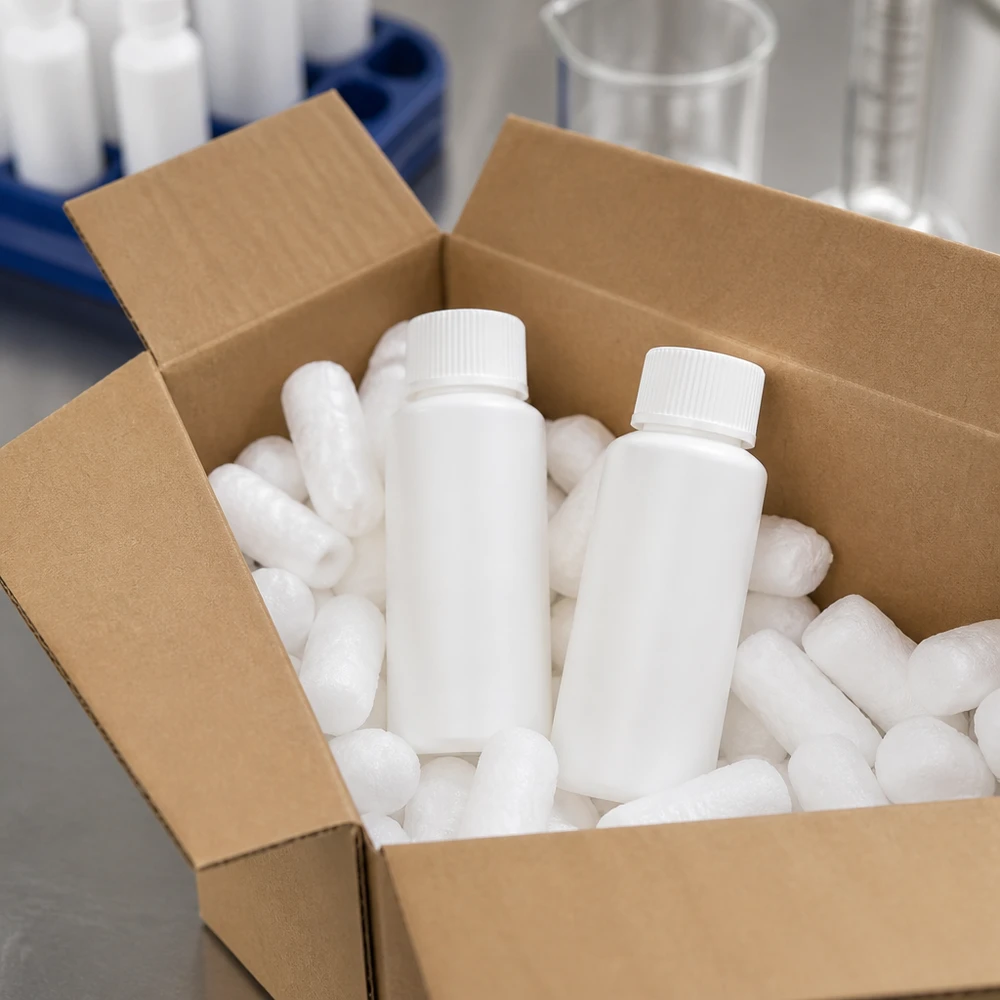 Apotheekflesje van 30 ml, gemaakt van wit HDPE, met SV-dop, in een stevige verzendverpakking met opvulmateriaal