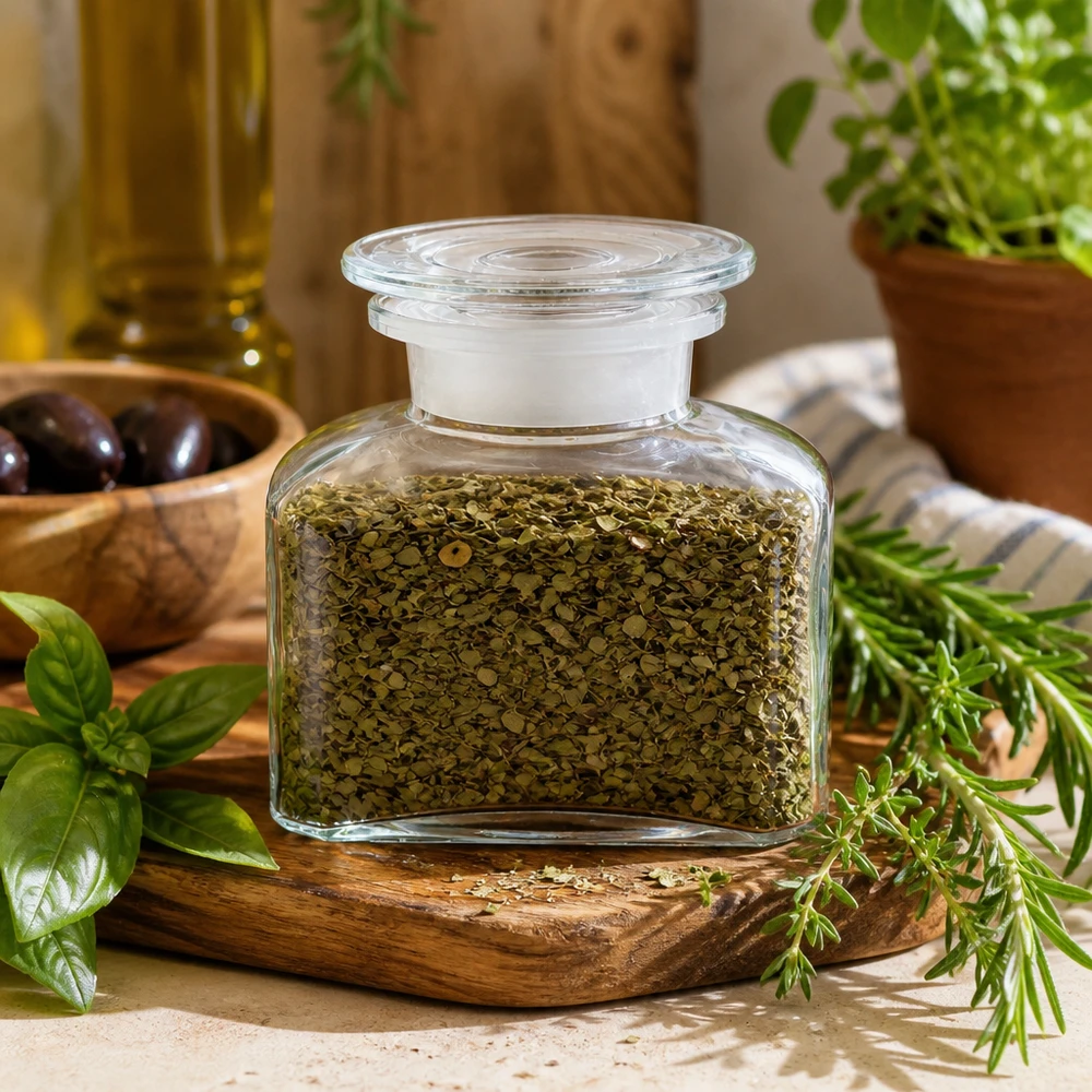Idee voor een glazen kruidenpotje: Vierkante apothekersfles 150 ml wijde hals helder glas incl. glazen stop Compact kruidenpotje met gedroogde oregano tussen potplanten en kruidentakjes