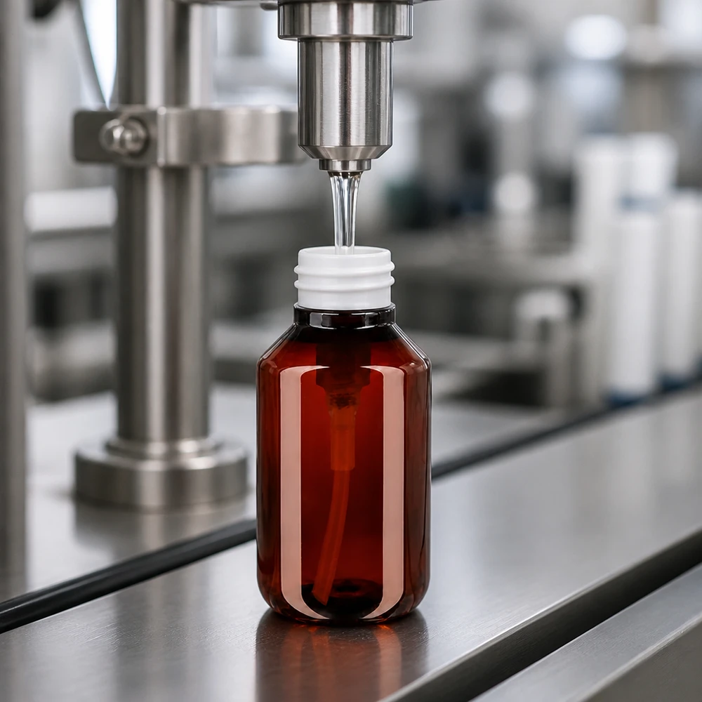 100 ml PET medicijnfles met wit dispenserpomp, standaard Flüssigkeitsbefüllung einer lichtundurchlässigen 100ml PET Flasche mit weisser Dispenserpumpe