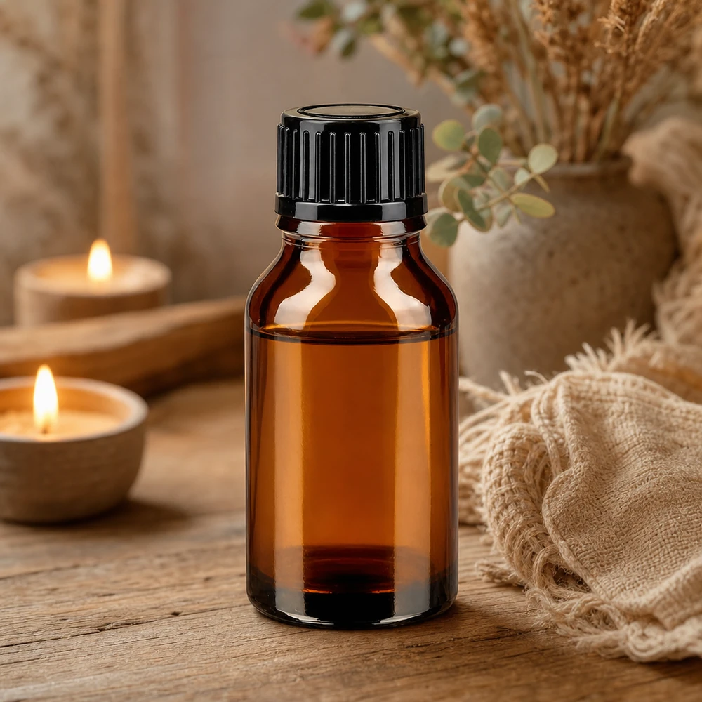 Bruine glazen fles 15ml met zwart schroefsluiting Apotheekflesje van bruin glas, 15 ml, met zwarte dop tussen linnen en gedroogde bloemen