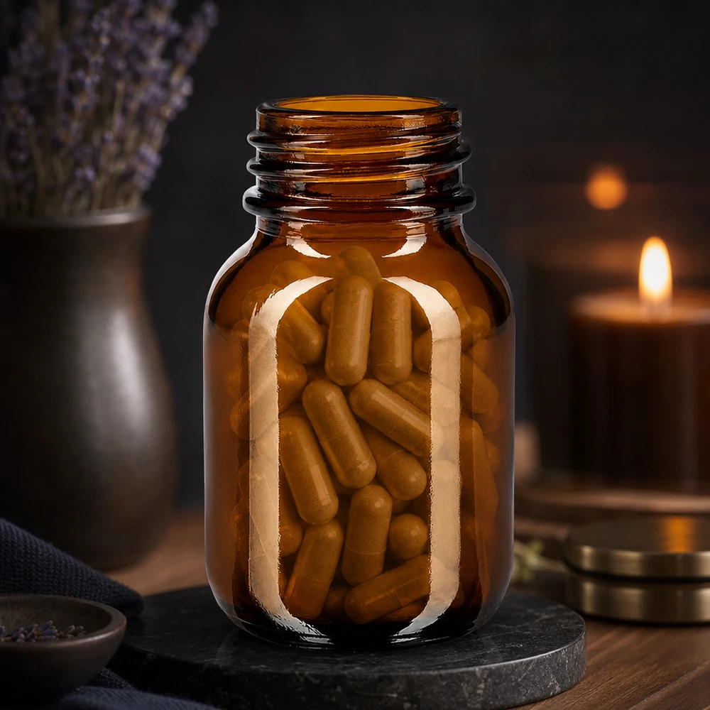 Hoogwaardige 50 ml fles met wijde hals van robuust amberkleurig glas voor het veilig bewaren van voedingssupplementen
